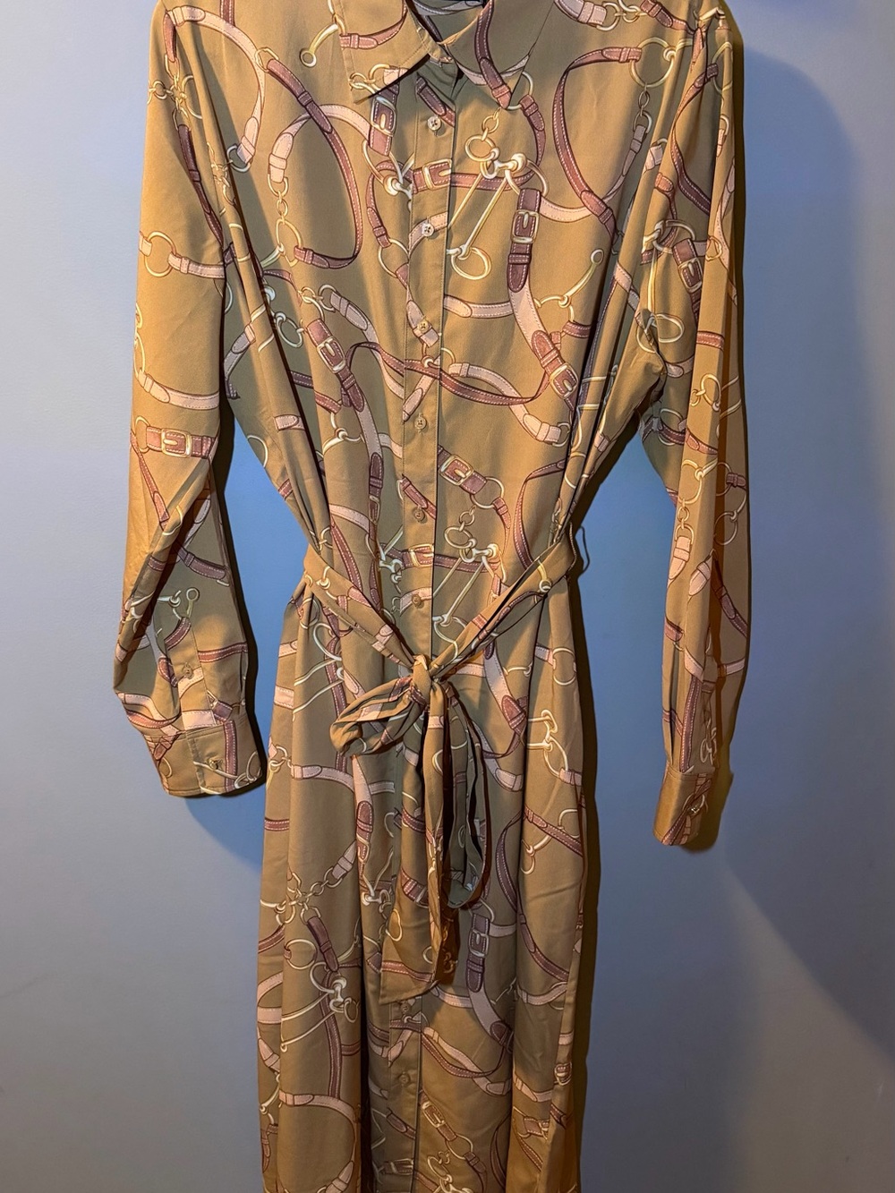 Ralph Lauren Camel Long-Sleeve Belted Shirt Dress with Equestrian Print